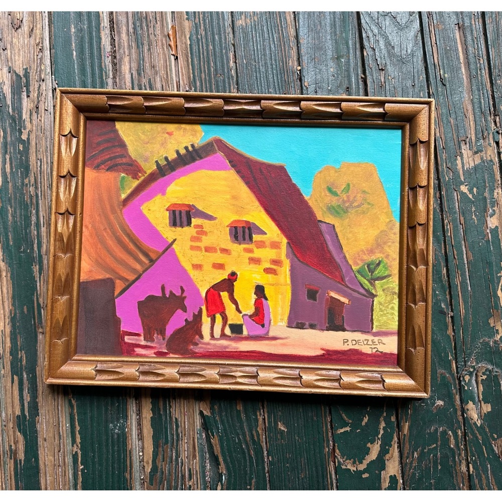 Vintage P Deizer 1972 Signed Oil Painting Village Scene Gold Carved Wood Frame